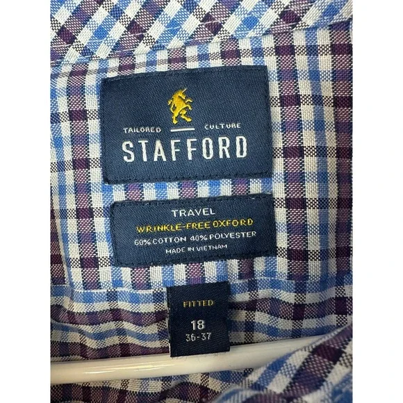 Stafford Shirt Men 18 36-37 Gingham Check Non Iron Fitted Travel Oxford Shirt